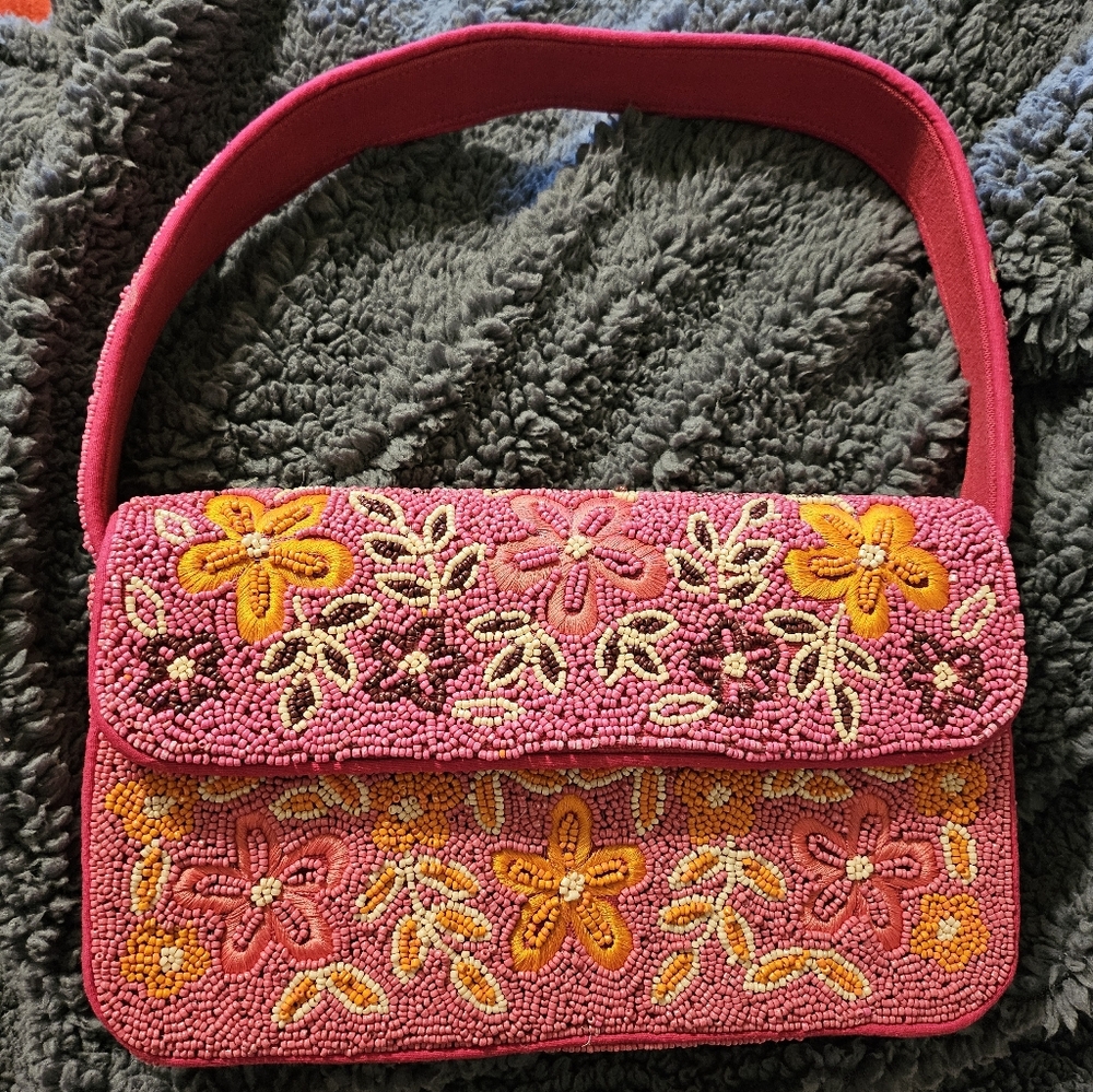 Bold Accent Hot Pink Multi Beaded Shoulder Bag